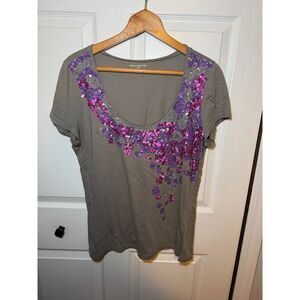 DKNY Jeans Gray Sequin Embellished Scoop Neck Short Sleeve Top Women's Large